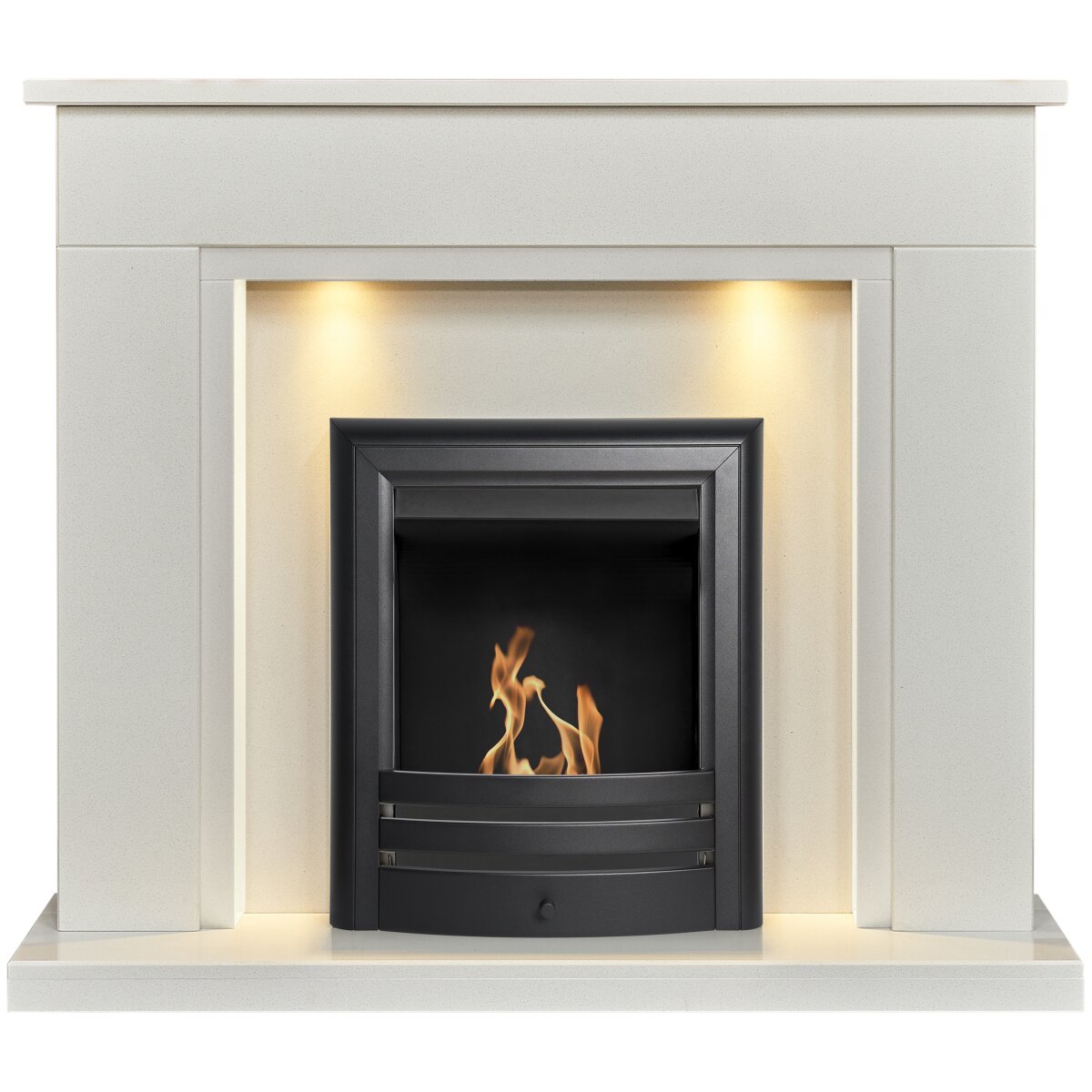 Acantha Maine White and Grey Marble Fireplace with Downlights, With Vela bioethanol fire in matte black