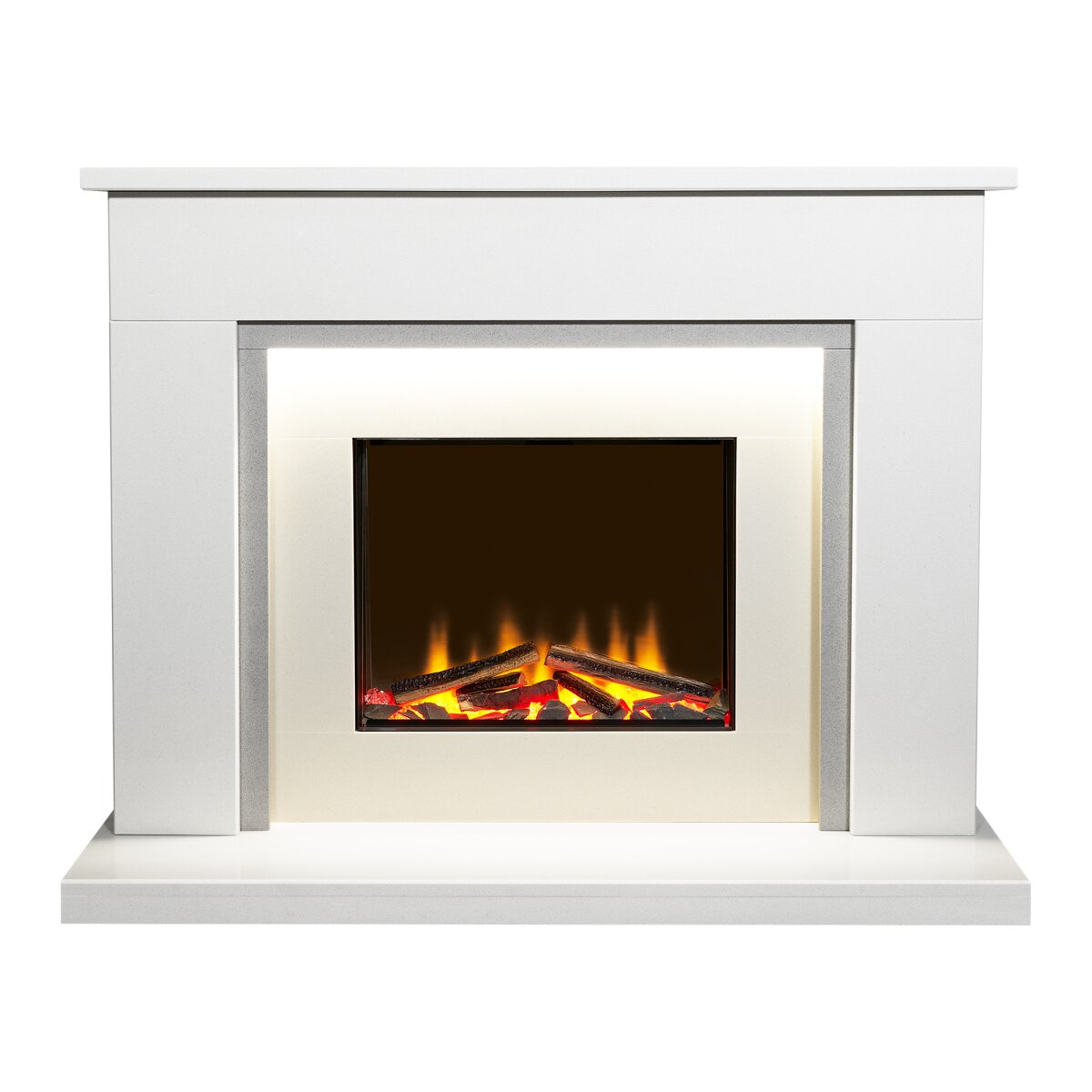 Acantha Milano Marble Electric Fireplace Suite with LED Light Strip, White & Sparkly Grey Marble, 48 Inch