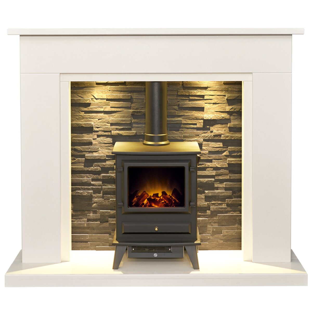 Acantha Miramar White Marble Stove Fireplace with Downlights, With Hudson electric stove in black