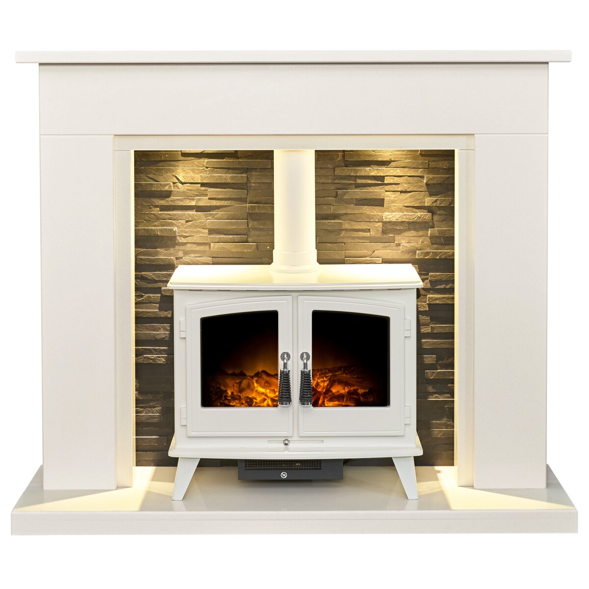 Acantha Miramar White Marble Stove Fireplace with Downlights, With Woodhouse electric stove in white