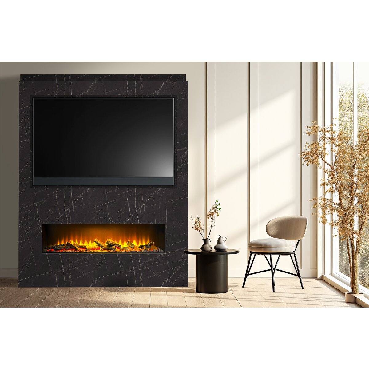 Acantha Nexus Pre-Built Media Wall with TV Recess and Aspire 125 Fire, Black Marble Effect