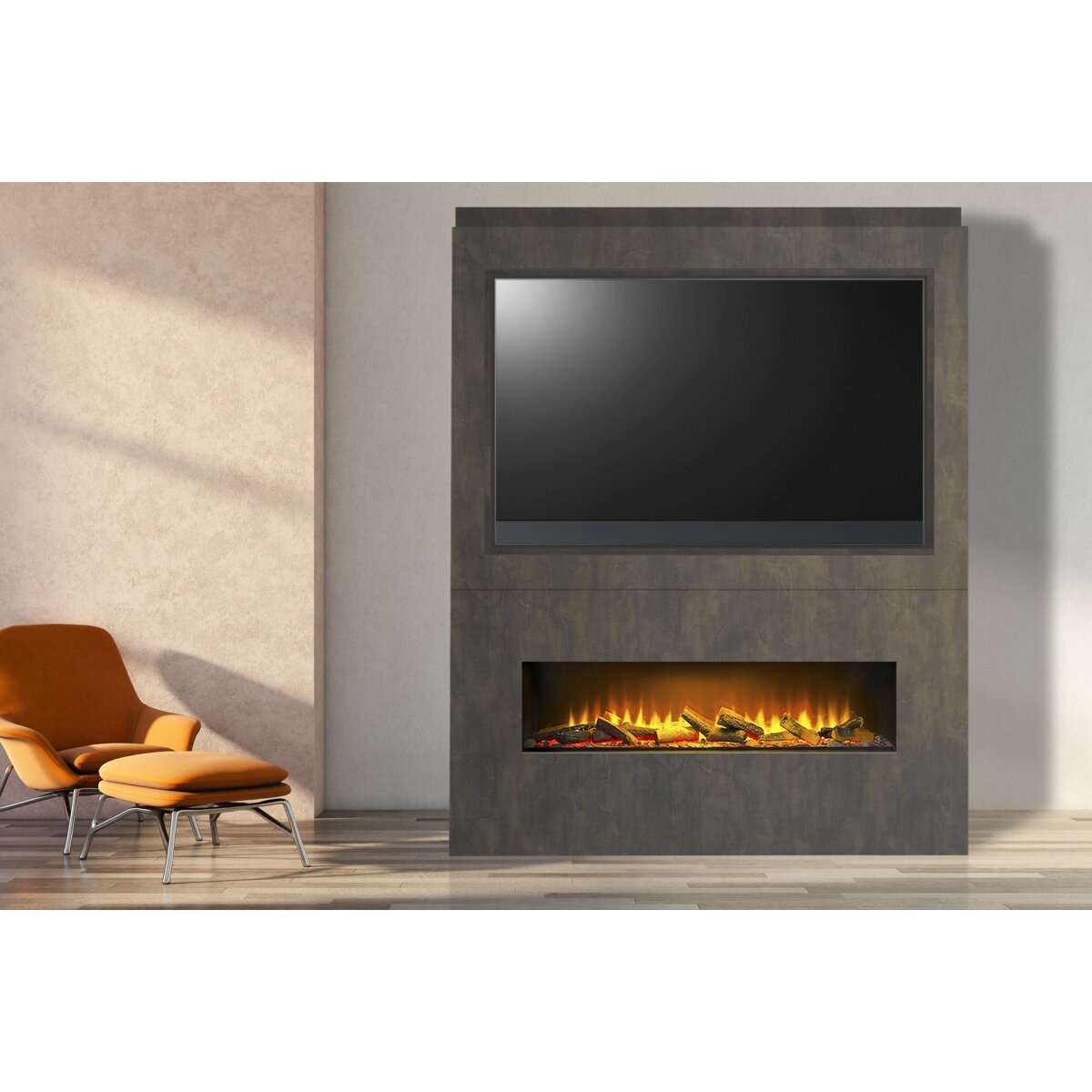 Acantha Nexus Pre-Built Media Wall with TV Recess and Aspire 125 Fire, Bronze Venetian Plaster Effect