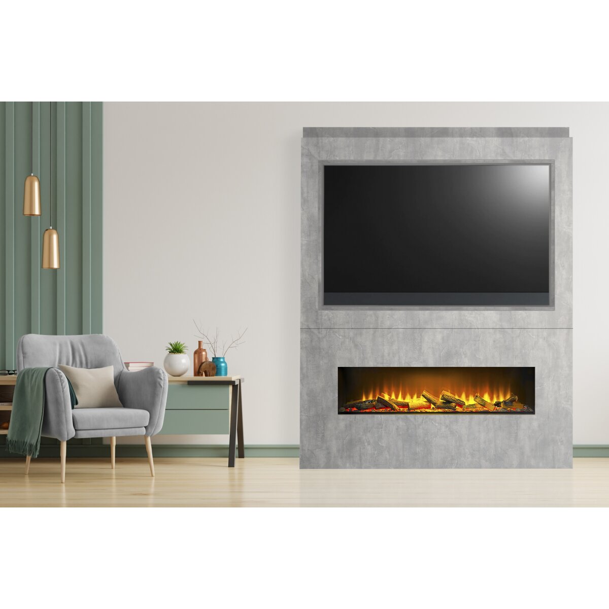 Acantha Nexus Pre-Built Media Wall with TV Recess and Aspire 125 Fire, Concrete Effect