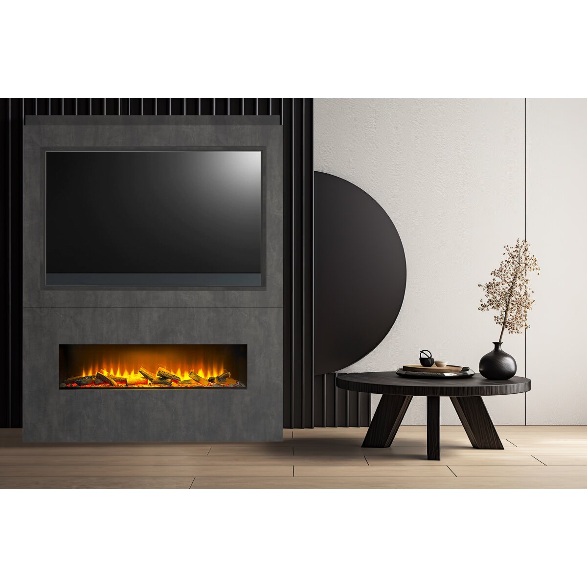 Acantha Nexus Pre-Built Media Wall with TV Recess and Aspire 125 Fire, Slate Venetian Plaster Effect