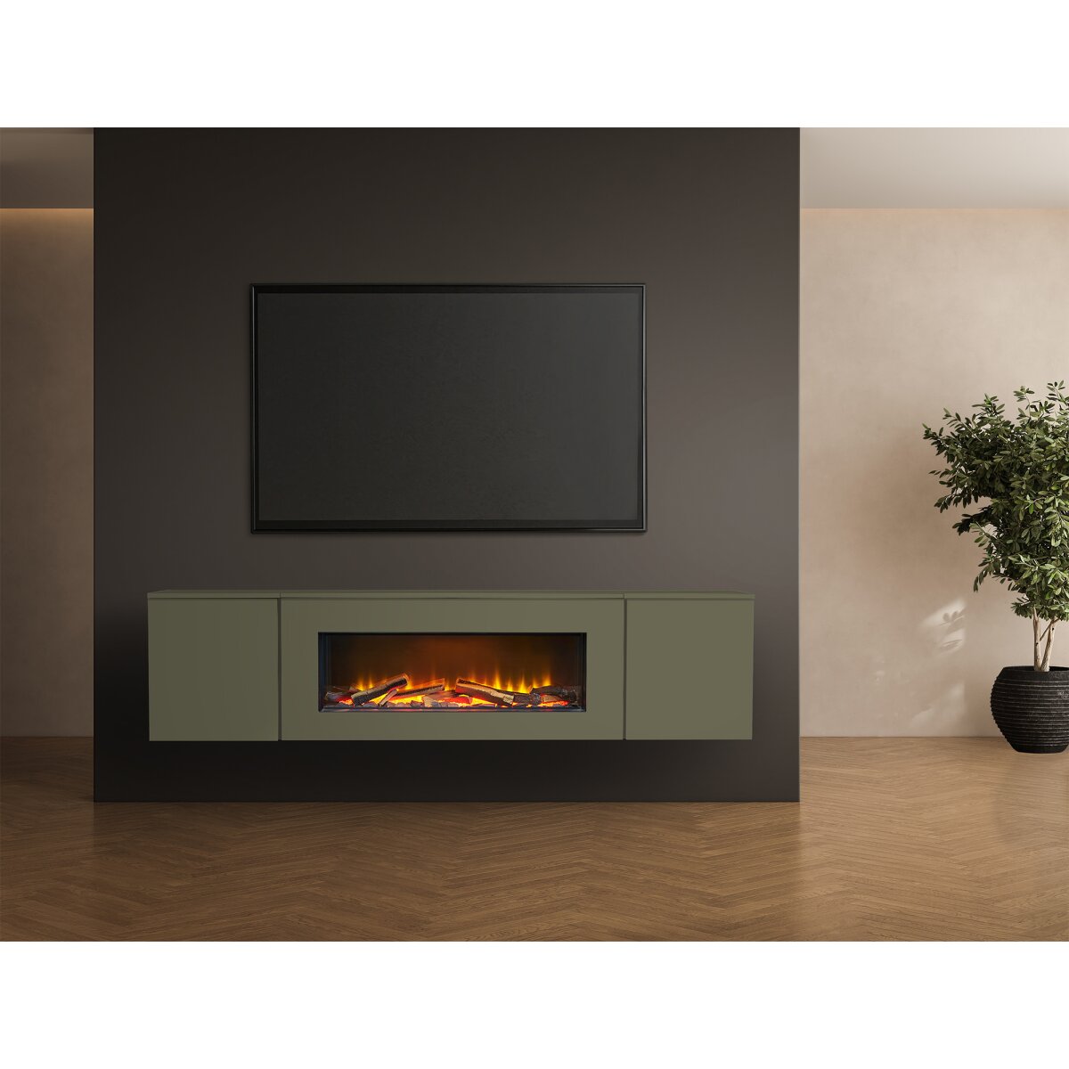 Acantha Orion 91 Inch Floating Electric Media Wall Suite with Cupboards, Agave Green