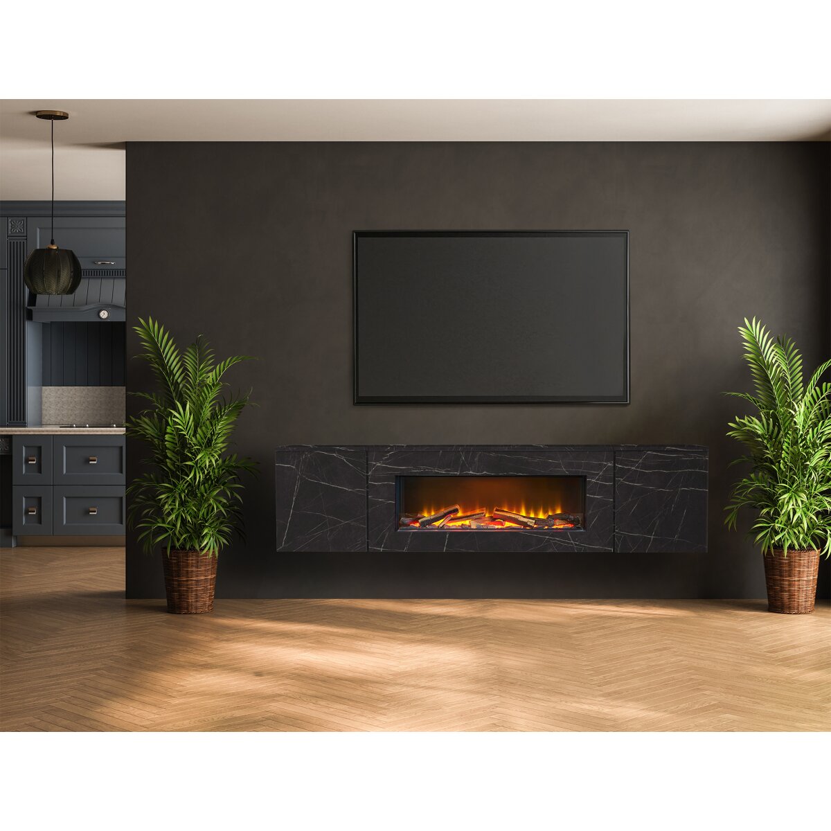 Acantha Orion 91 Inch Floating Electric Media Wall Suite with Cupboards, Carrara Black Marble Effect
