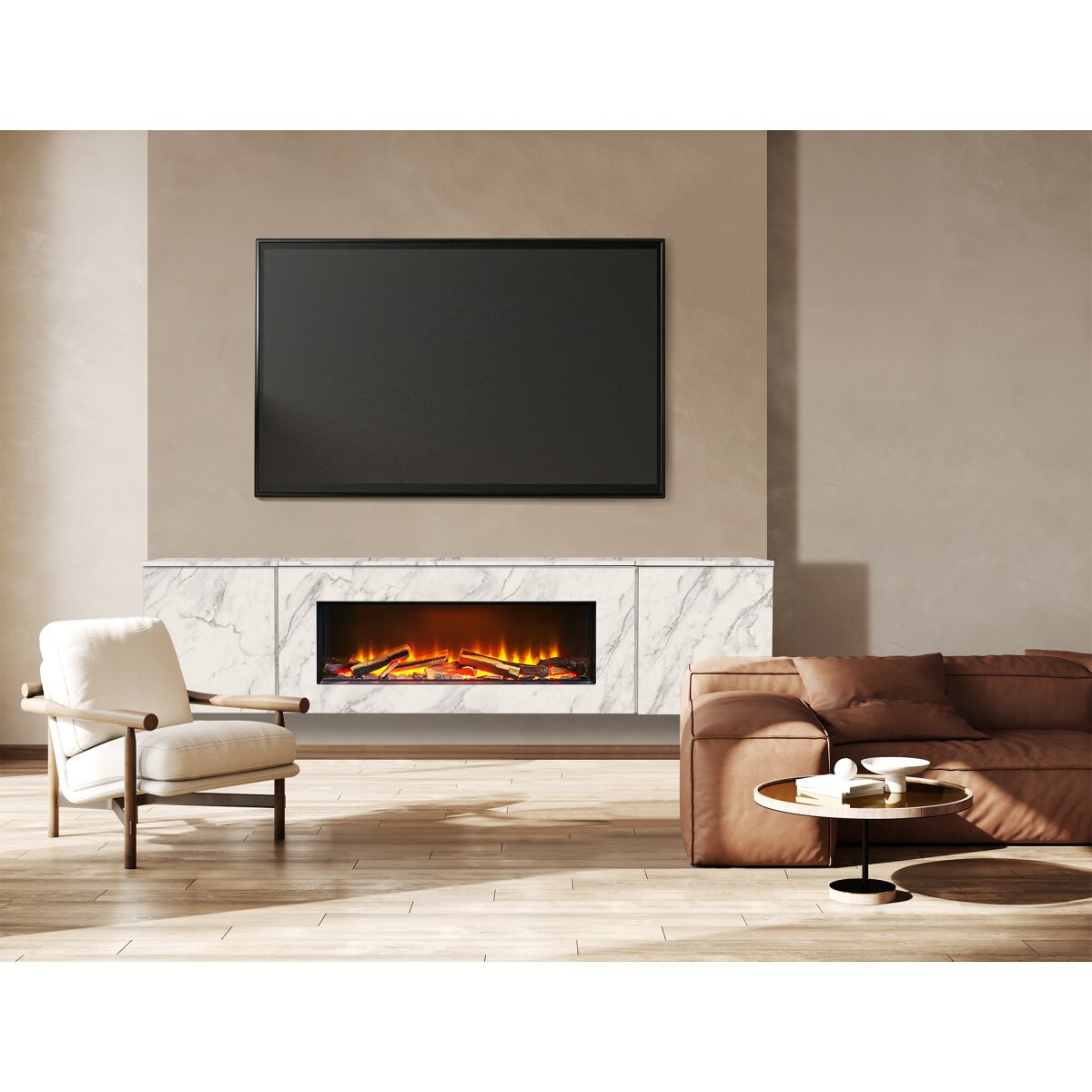 Acantha Orion 91 Inch Floating Electric Media Wall Suite with Cupboards, Carrara White Marble Effect