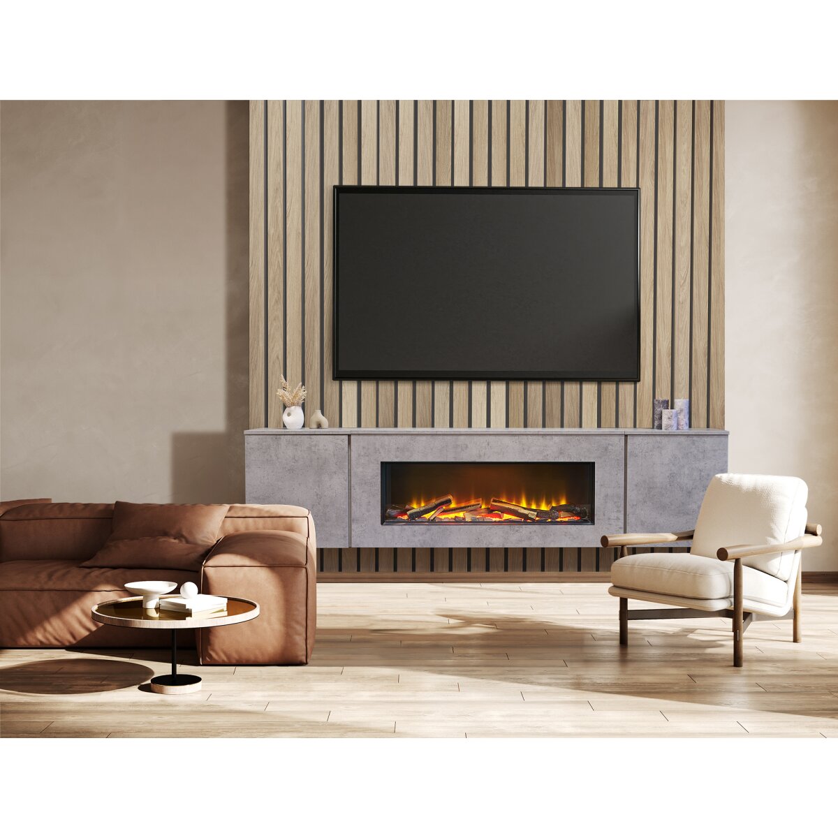 Acantha Orion 91 Inch Floating Electric Media Wall Suite with Cupboards, Concrete Effect