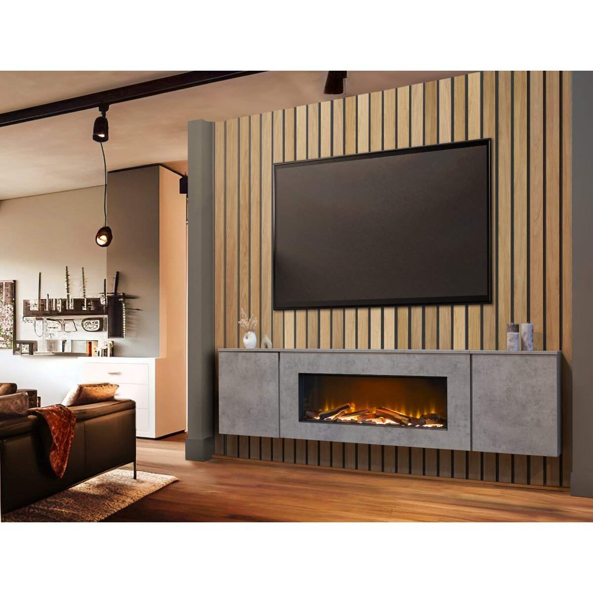 Acantha Orion 91 Inch Floating Electric Media Wall Suite with Cupboards, image 6