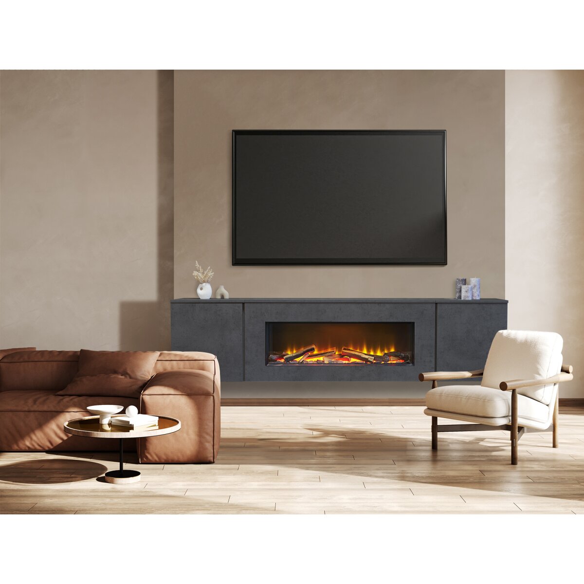Acantha Orion 91 Inch Floating Electric Media Wall Suite with Cupboards, Slate Effect