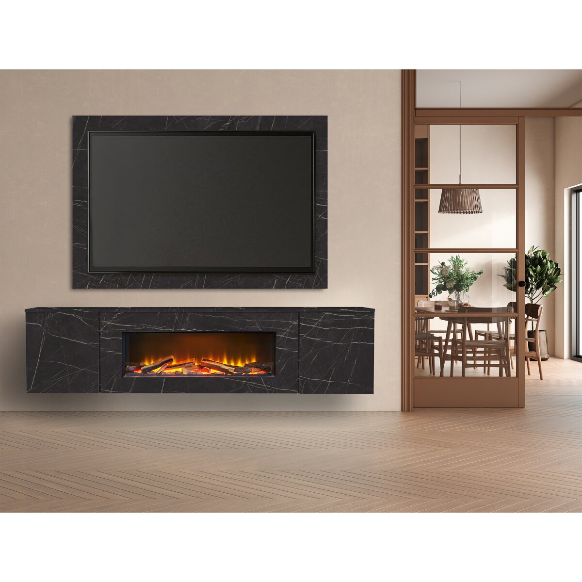 Acantha Orion 91 Inch Floating Media Wall Suite with TV Backboard, Carrara Black Marble Effect