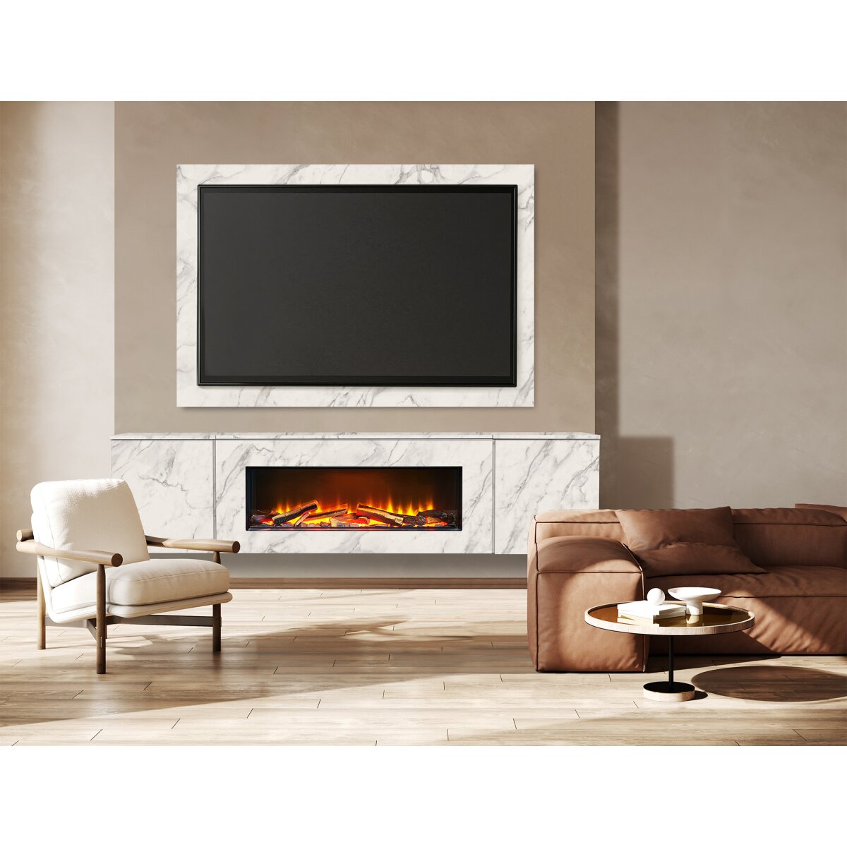Acantha Orion 91 Inch Floating Media Wall Suite with TV Backboard, Carrara White Marble Effect
