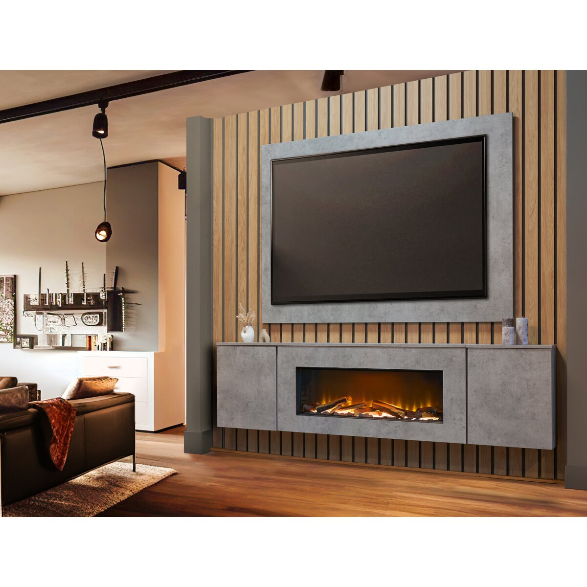 Acantha Orion 91 Inch Floating Media Wall Suite with TV Backboard, Concrete Effect