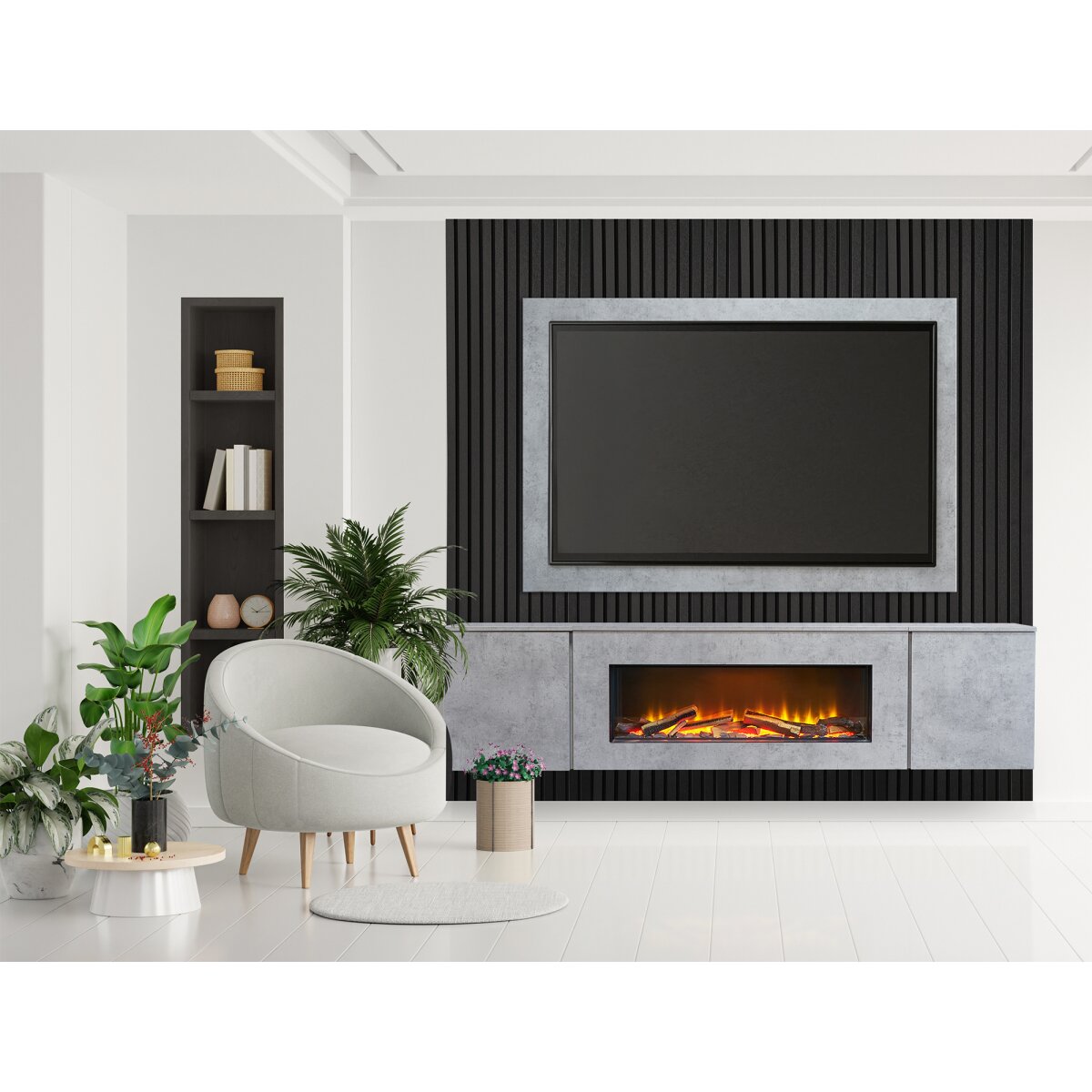 Acantha Orion XO Floating Media Wall Suite with TV Board and Oak Panels, Concrete Effect / Black Oak
