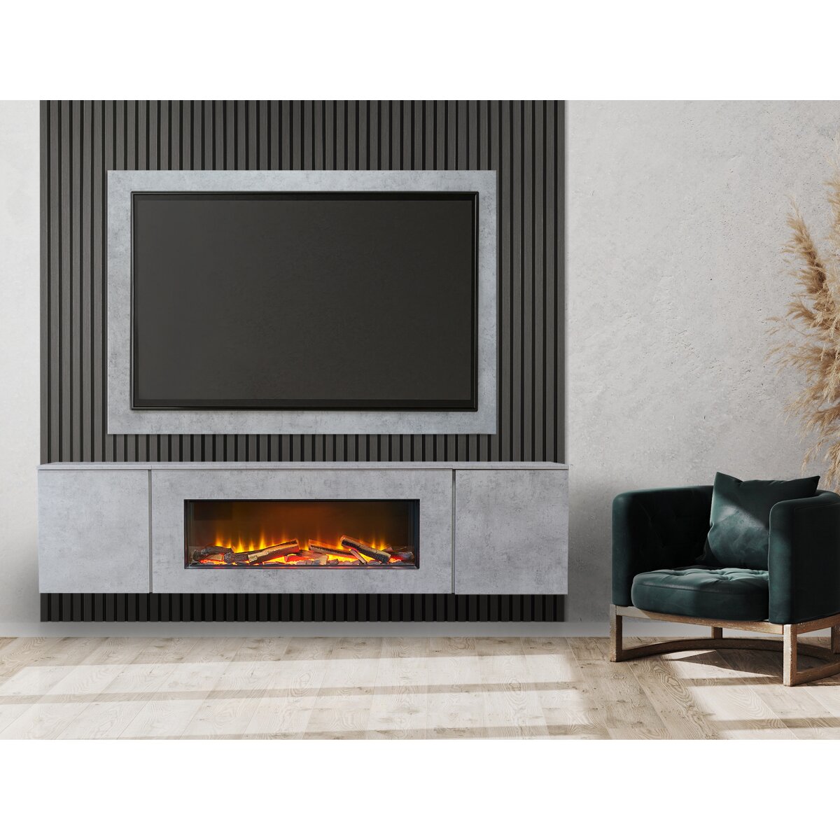 Acantha Orion XO Floating Media Wall Suite with TV Board and Oak Panels, Concrete Effect / Charcoal Oak