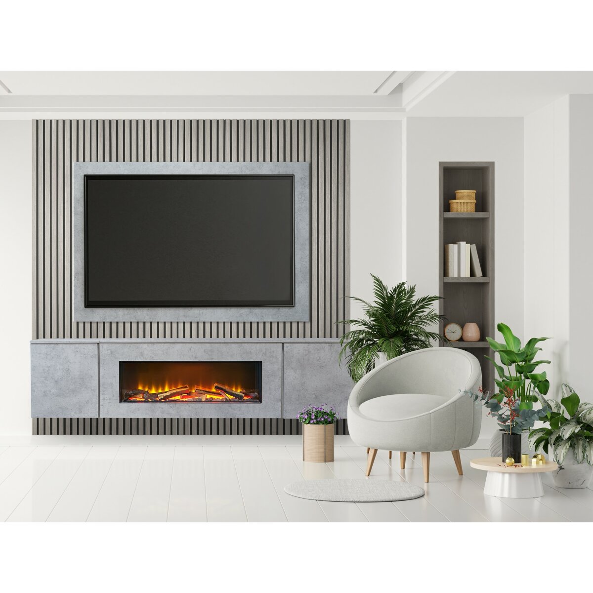 Acantha Orion XO Floating Media Wall Suite with TV Board and Oak Panels, Concrete Effect / Grey Oak
