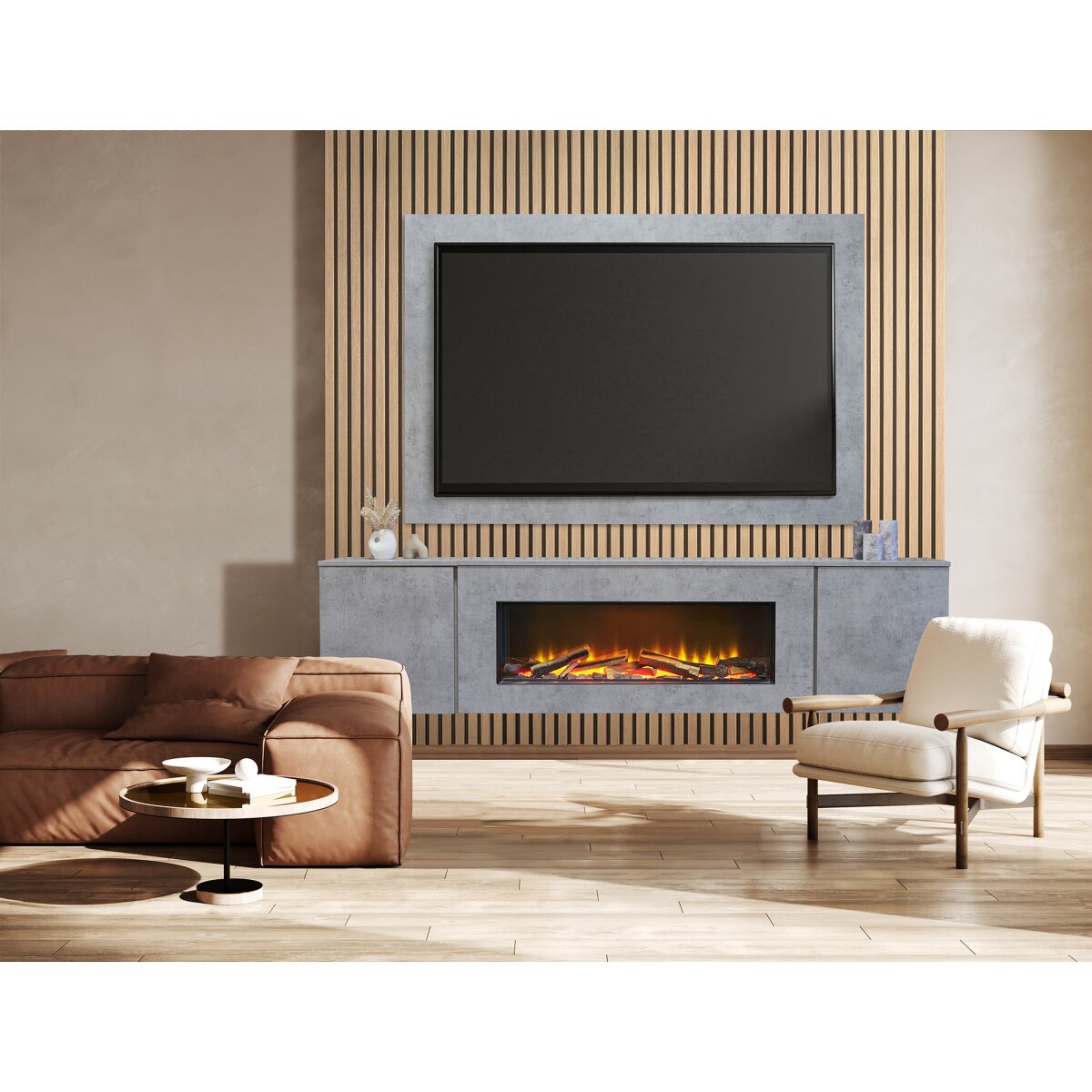 Acantha Orion XO Floating Media Wall Suite with TV Board and Oak Panels, Concrete Effect / Natural Oak