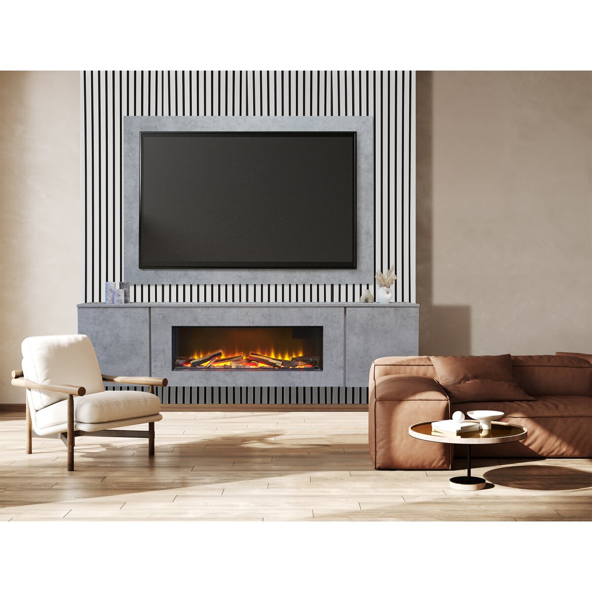 Acantha Orion XO Floating Media Wall Suite with TV Board and Oak Panels, Concrete Effect / White Oak
