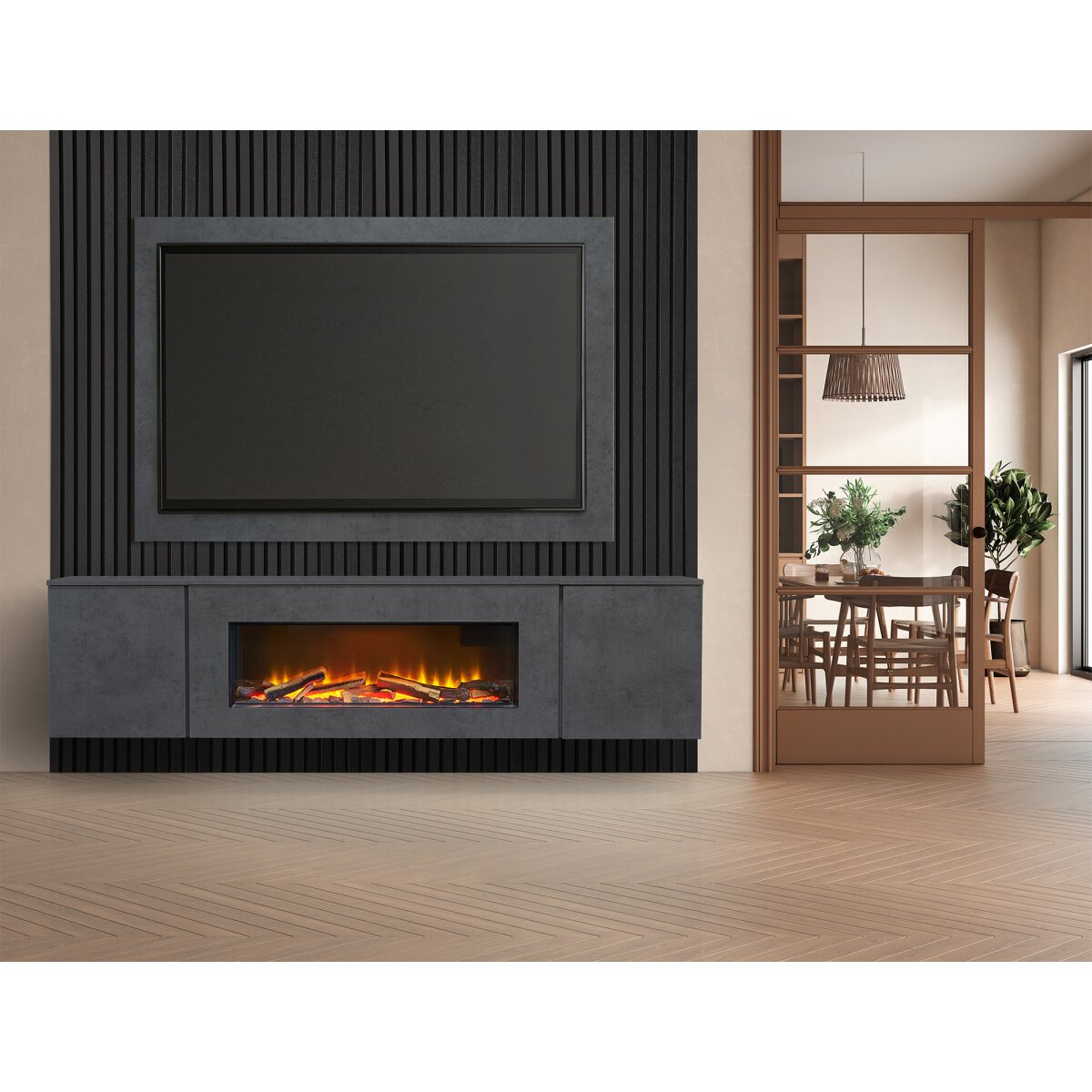 Acantha Orion XO Floating Media Wall Suite with TV Board and Oak Panels, Slate Effect / Black Oak