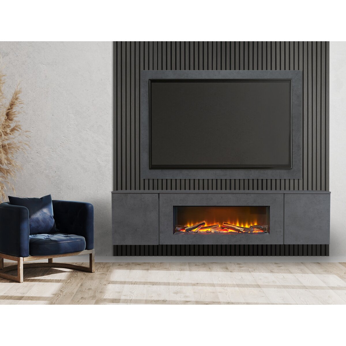 Acantha Orion XO Floating Media Wall Suite with TV Board and Oak Panels, Slate Effect / Charcoal Oak