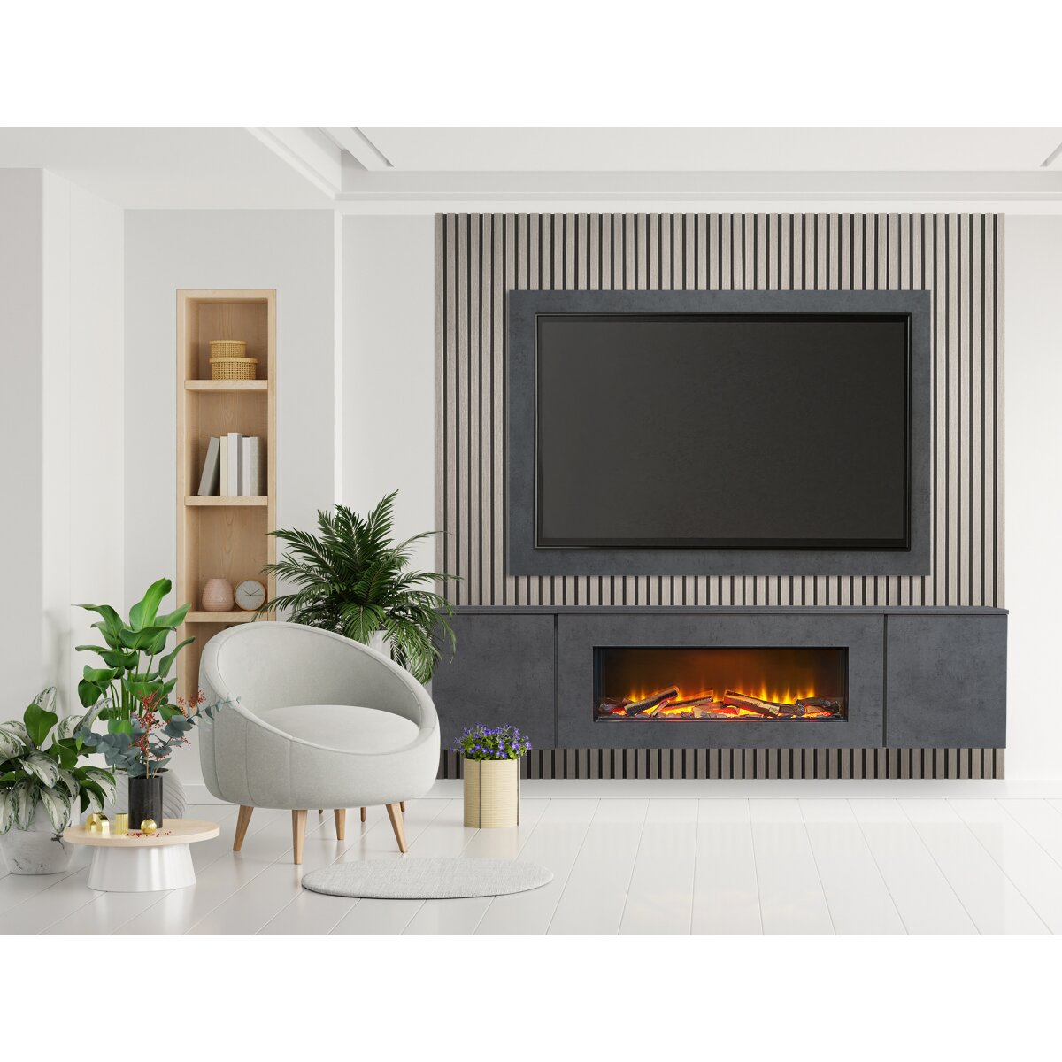 Acantha Orion XO Floating Media Wall Suite with TV Board and Oak Panels, Slate Effect / Grey Oak