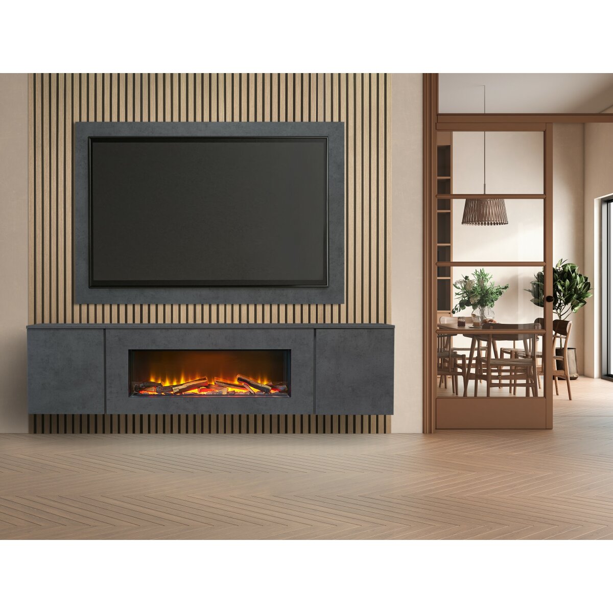 Acantha Orion XO Floating Media Wall Suite with TV Board and Oak Panels, Slate Effect / Natural Oak