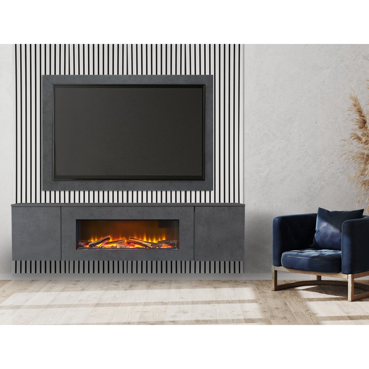 Acantha Orion XO Floating Media Wall Suite with TV Board and Oak Panels, Slate Effect / White Oak