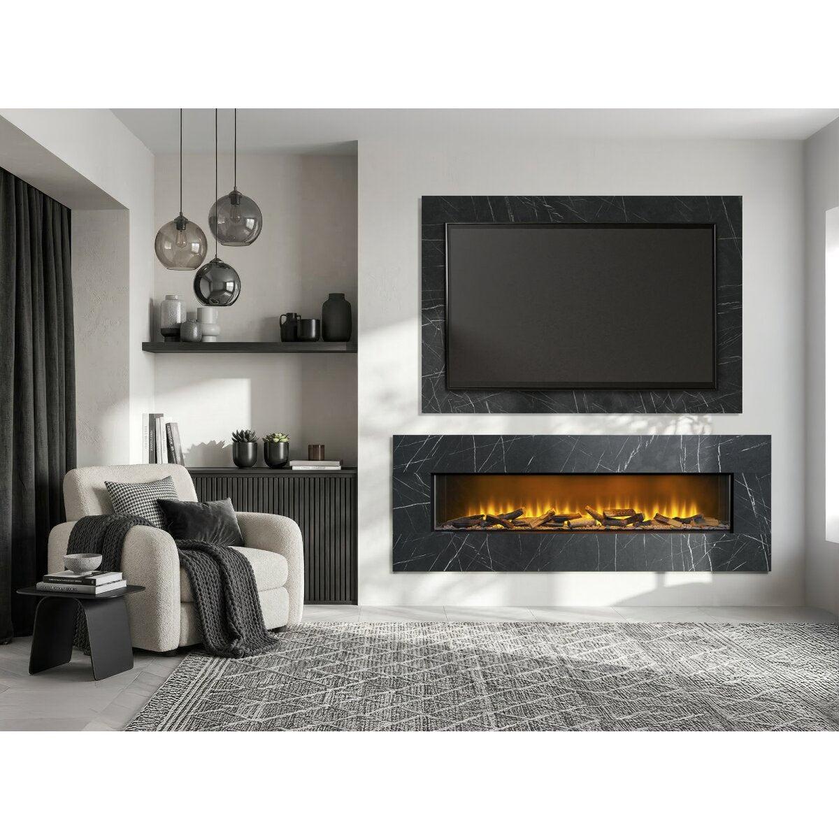 Acantha Pinnacle Fully Inset Media Wall Fire with TV Back Board, Black Marble Effect