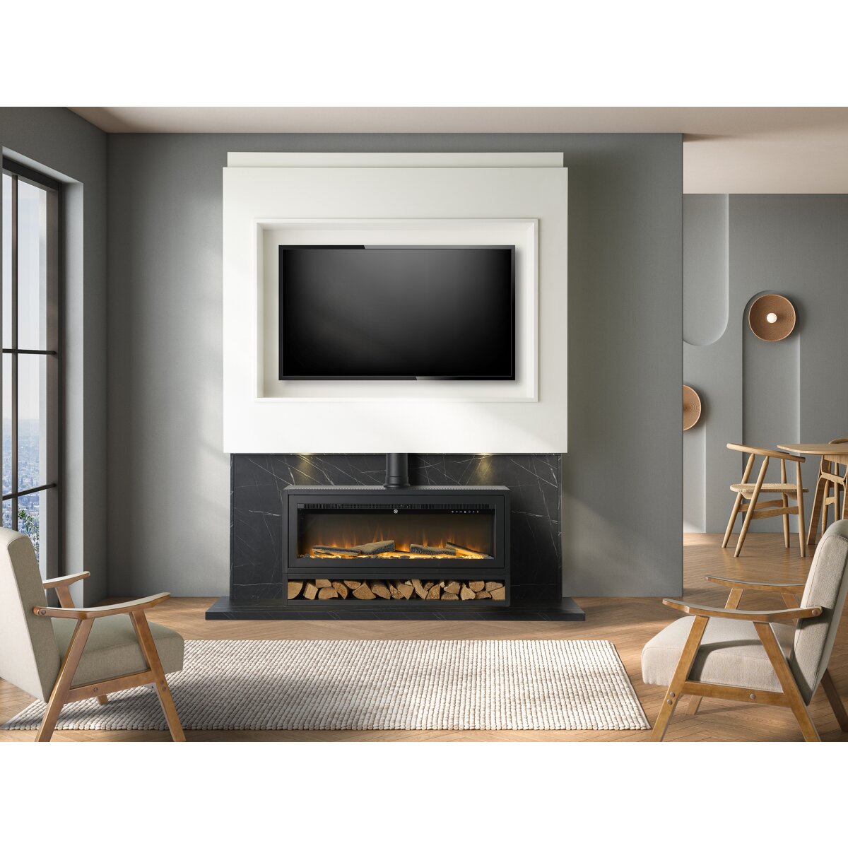 Acantha Pre-Built Media Wall 3 with Vision Media Stove and Log Store, Black Marble Effect