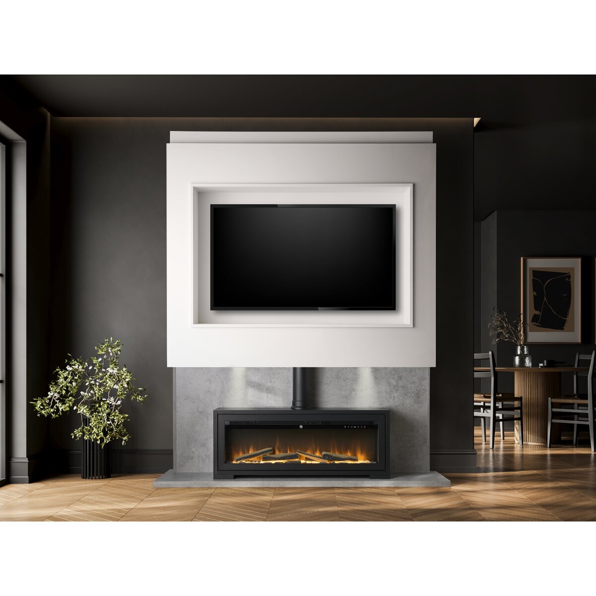 Acantha Pre-Built Media Wall 3 with Vision Electric Media Stove, Concrete Effect