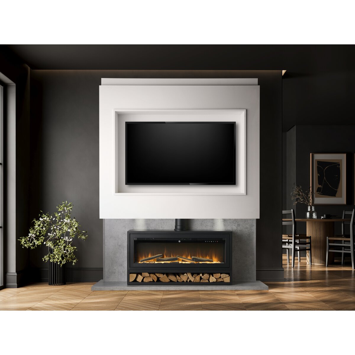 Acantha Pre-Built Media Wall 3 with Vision Media Stove and Log Store, Concrete Effect