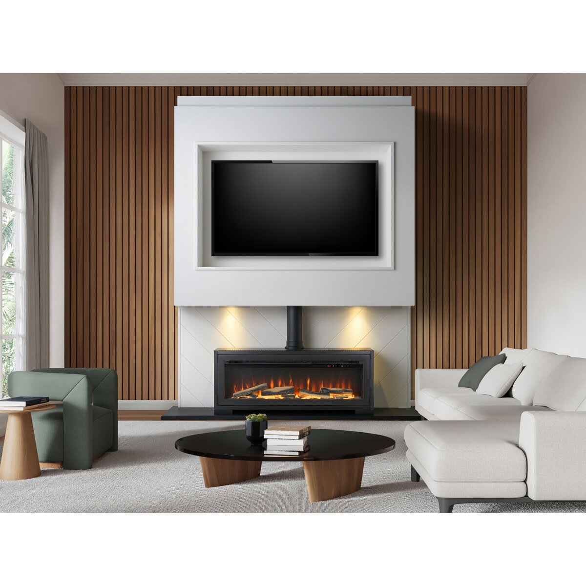 Acantha Pre-Built Media Wall 3 with Vision Electric Media Stove, Slatted