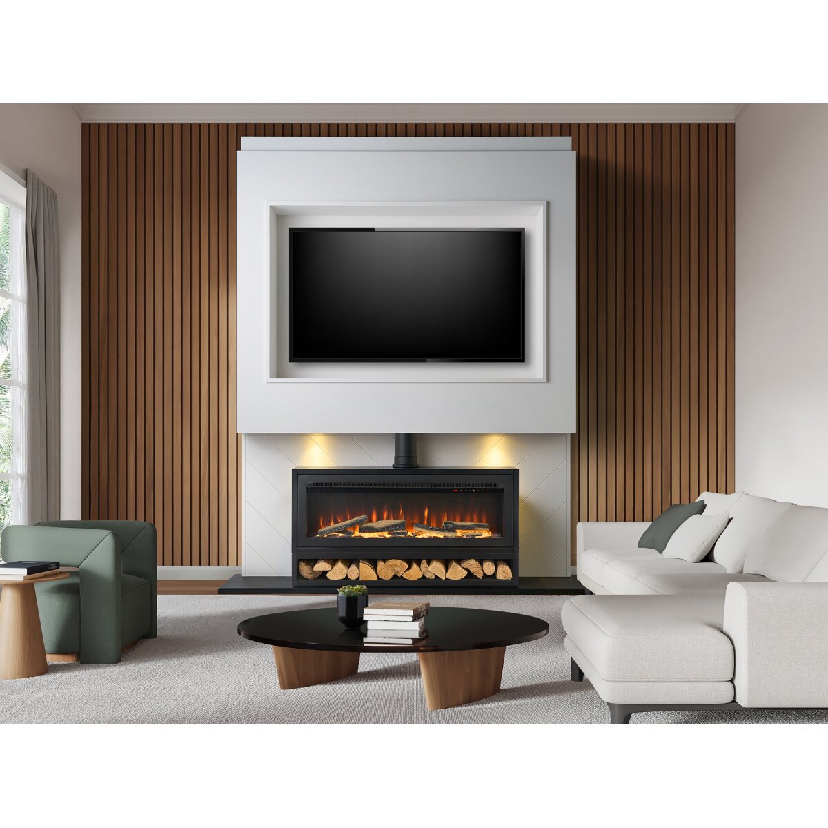 Acantha Pre-Built Media Wall 3 with Vision Media Stove and Log Store, Slatted