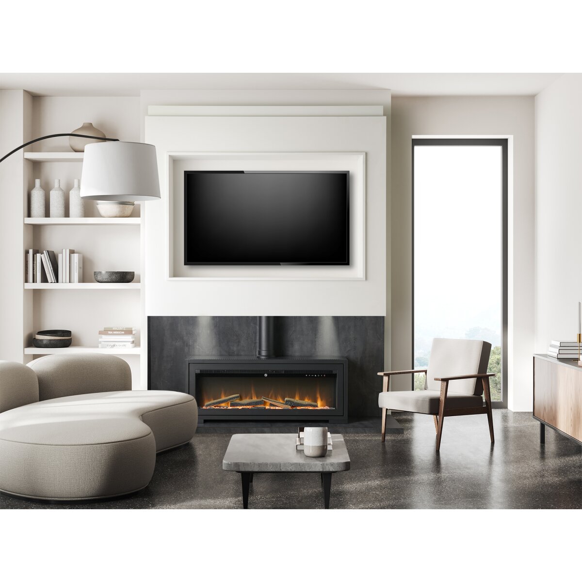 Acantha Pre-Built Media Wall 3 with Vision Electric Media Stove, Slate Effect