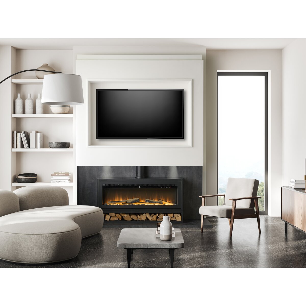 Acantha Pre-Built Media Wall 3 with Vision Media Stove and Log Store, Slate Effect