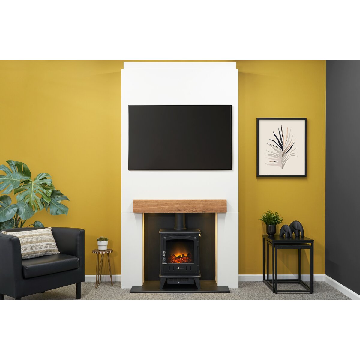 Acantha Pre-Built Stove Media Wall 1 with Adam Aviemore Electric Stove, Black