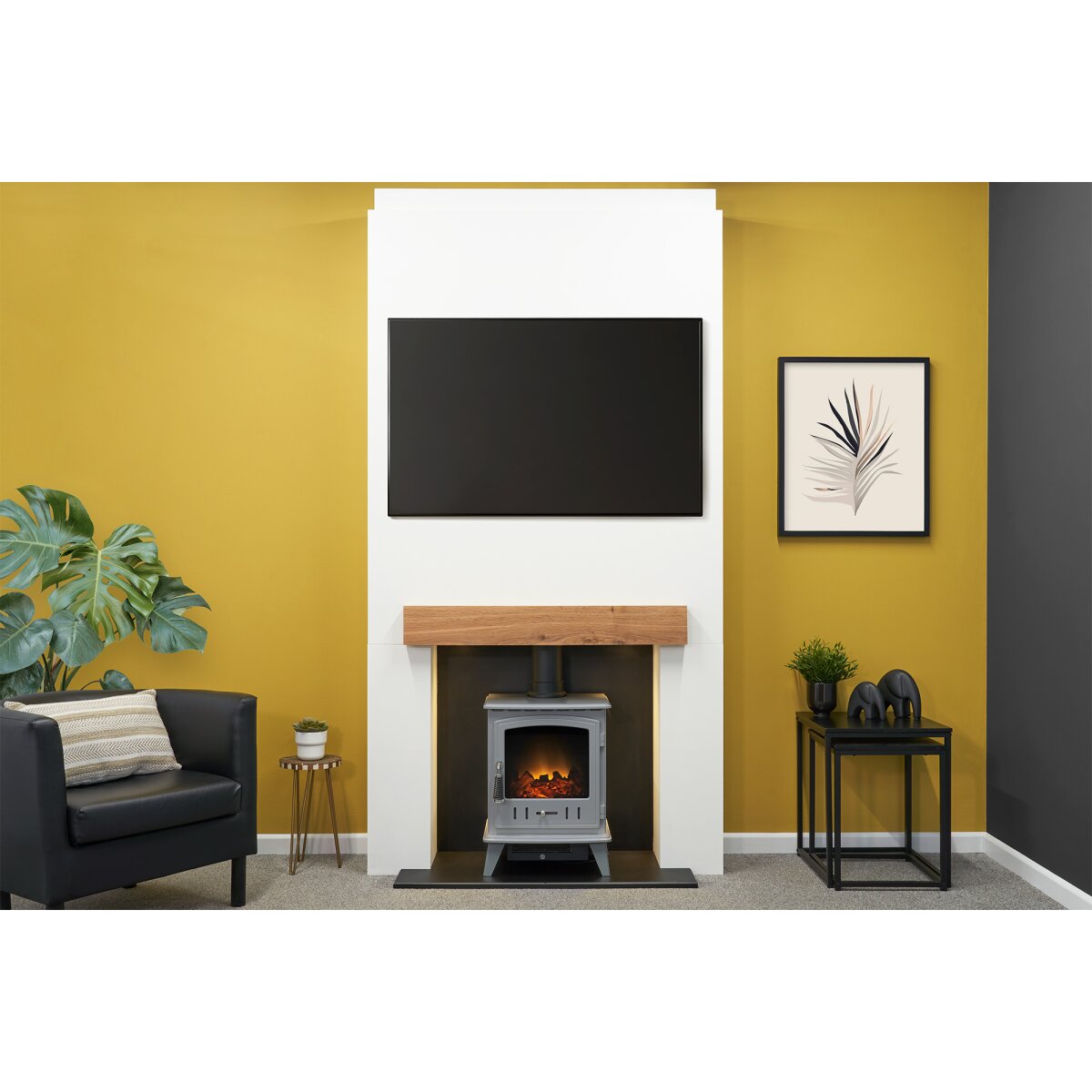 Acantha Pre-Built Stove Media Wall 1 with Adam Aviemore Electric Stove, Grey
