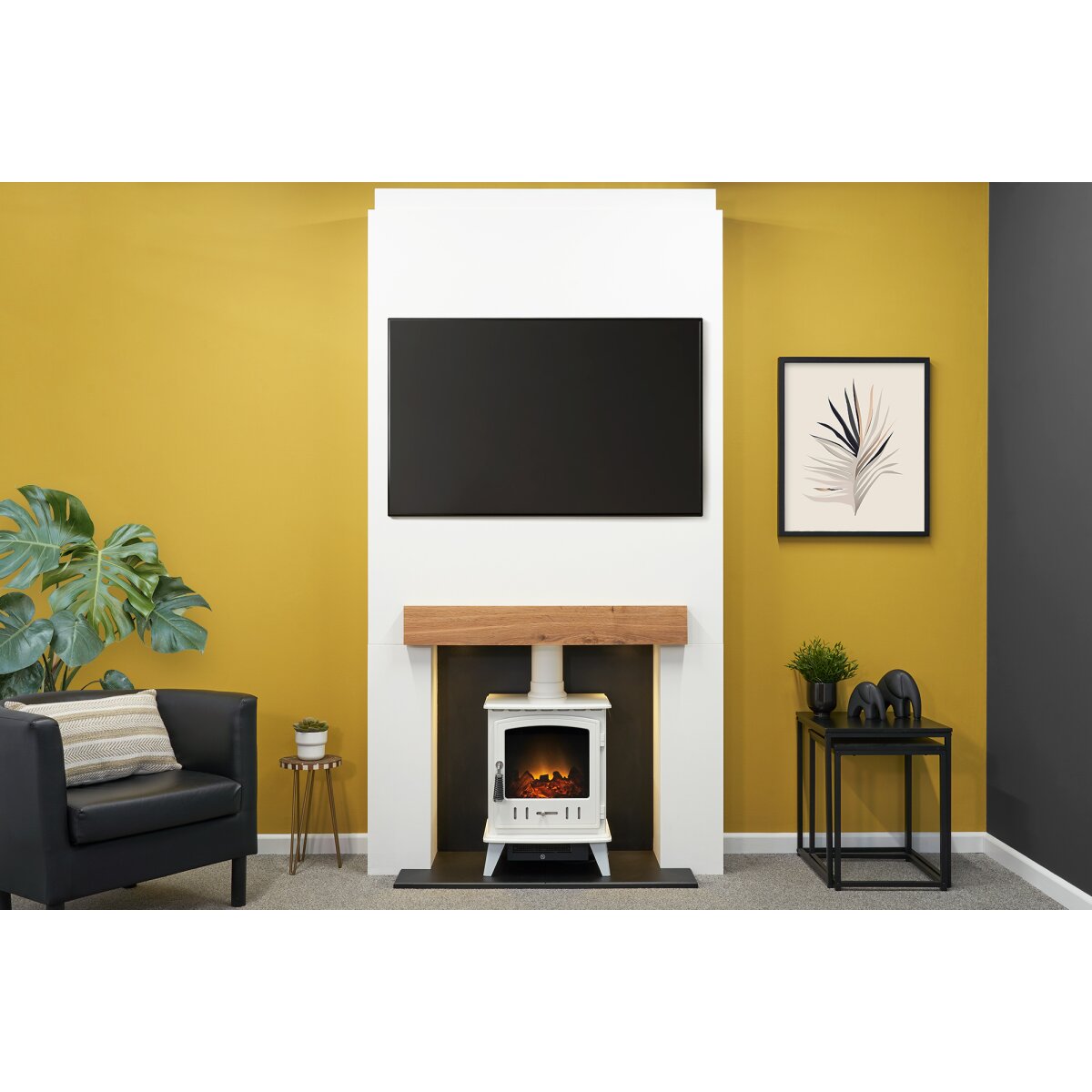 Acantha Pre-Built Stove Media Wall 1 with Adam Aviemore Electric Stove, White