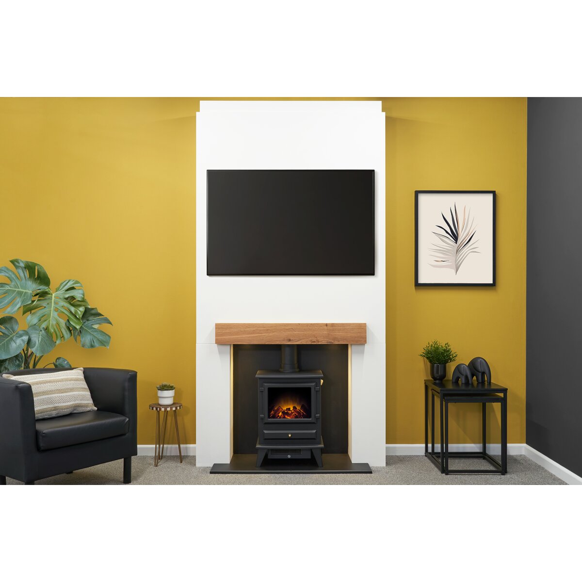 Acantha Pre-Built Stove Media Wall 1 with Adam Hudson Electric Stove, Black