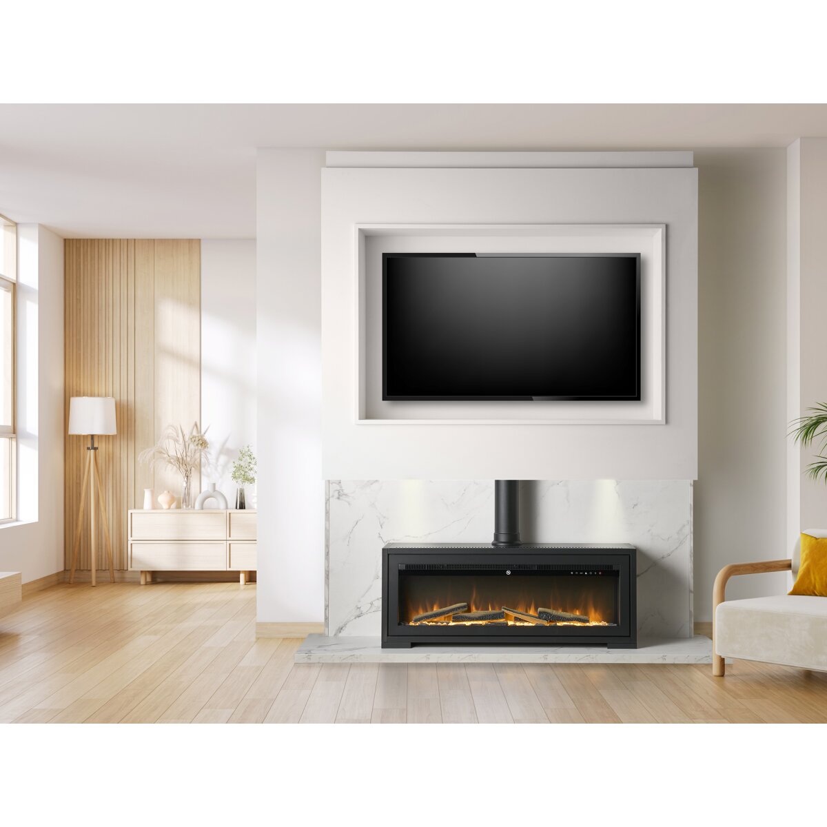 Acantha Pre-Built Media Wall 3 with Vision Electric Media Stove, White Marble Effect