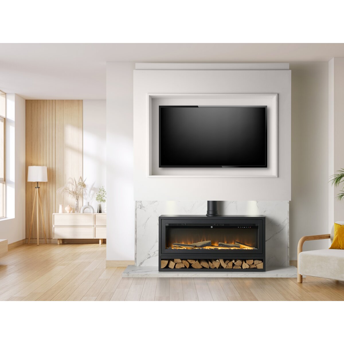 Acantha Pre-Built Media Wall 3 with Vision Media Stove and Log Store, White Marble Effect