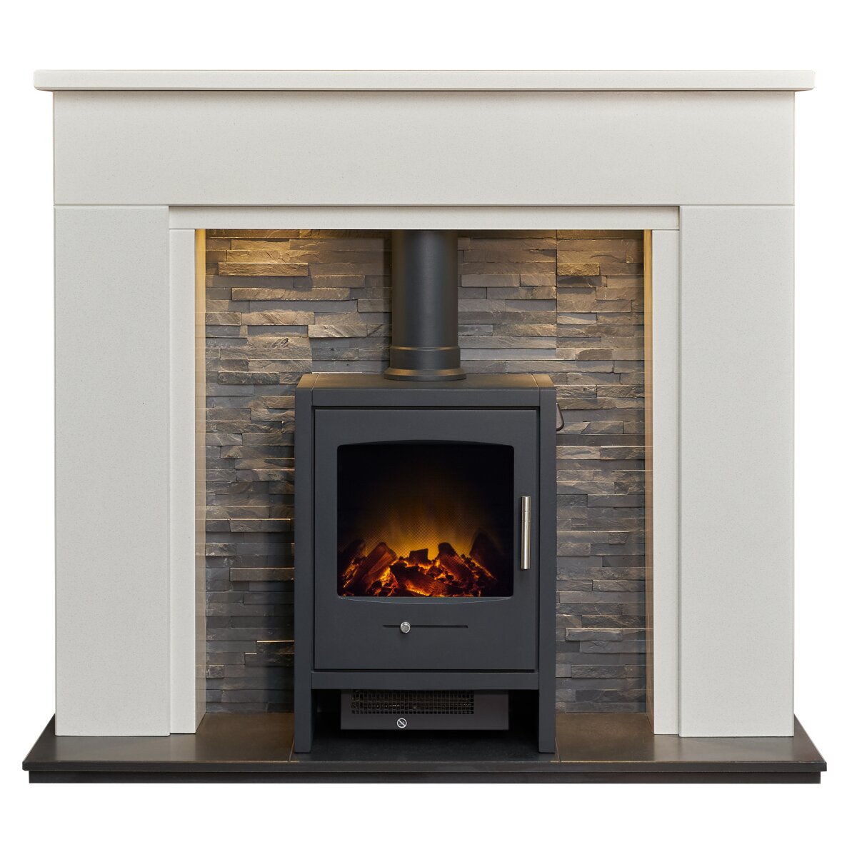 Acantha Rimini White Marble Stove Fireplace with Downlights, With Bergen electric stove in charcoal grey