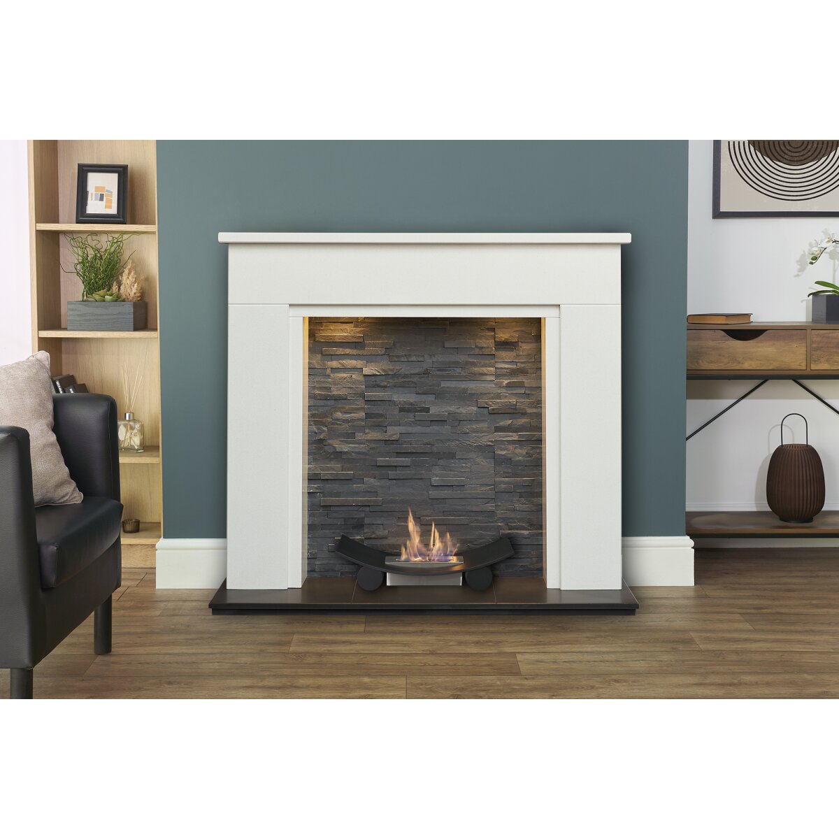 Acantha Rimini White Marble Stove Fireplace with Downlights, With Calda bioethanol fire