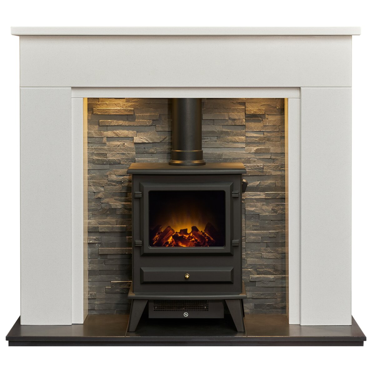 Acantha Rimini White Marble Stove Fireplace with Downlights, With Hudson electric stove in black