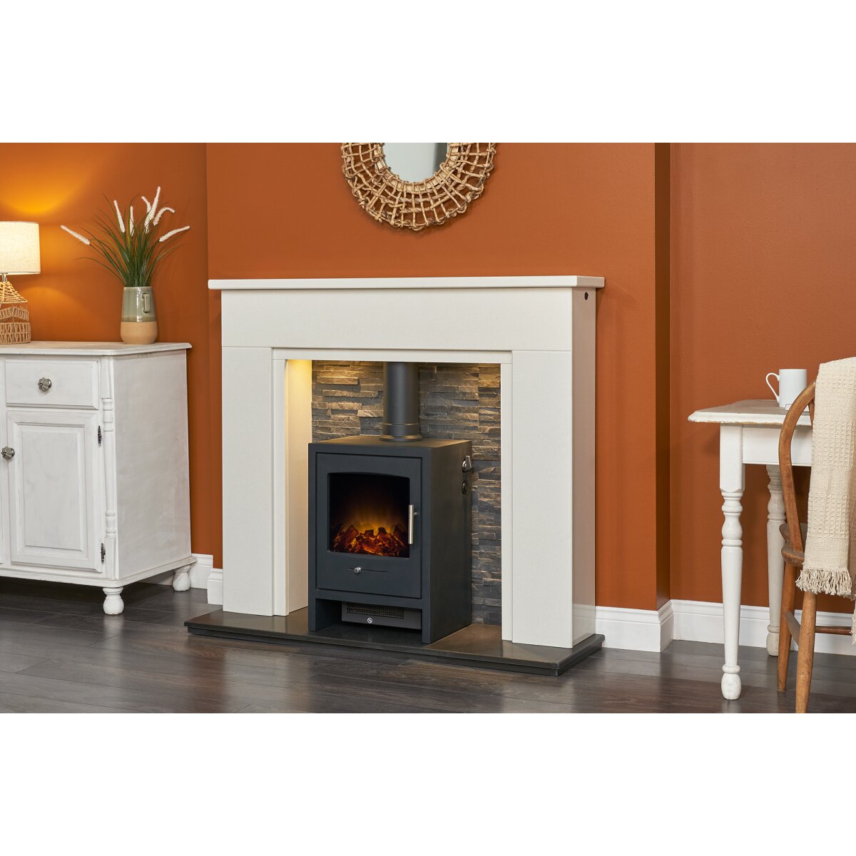 Acantha Rimini White Marble Stove Fireplace with Downlights, 48 Inch, image 2