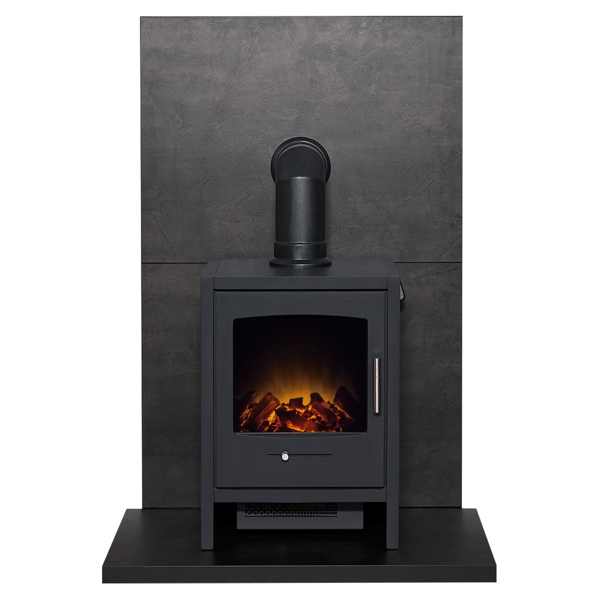 Acantha tile and hearth set in bronze Venetian plaster effect with Adam Bergen electric stove and angled pipe