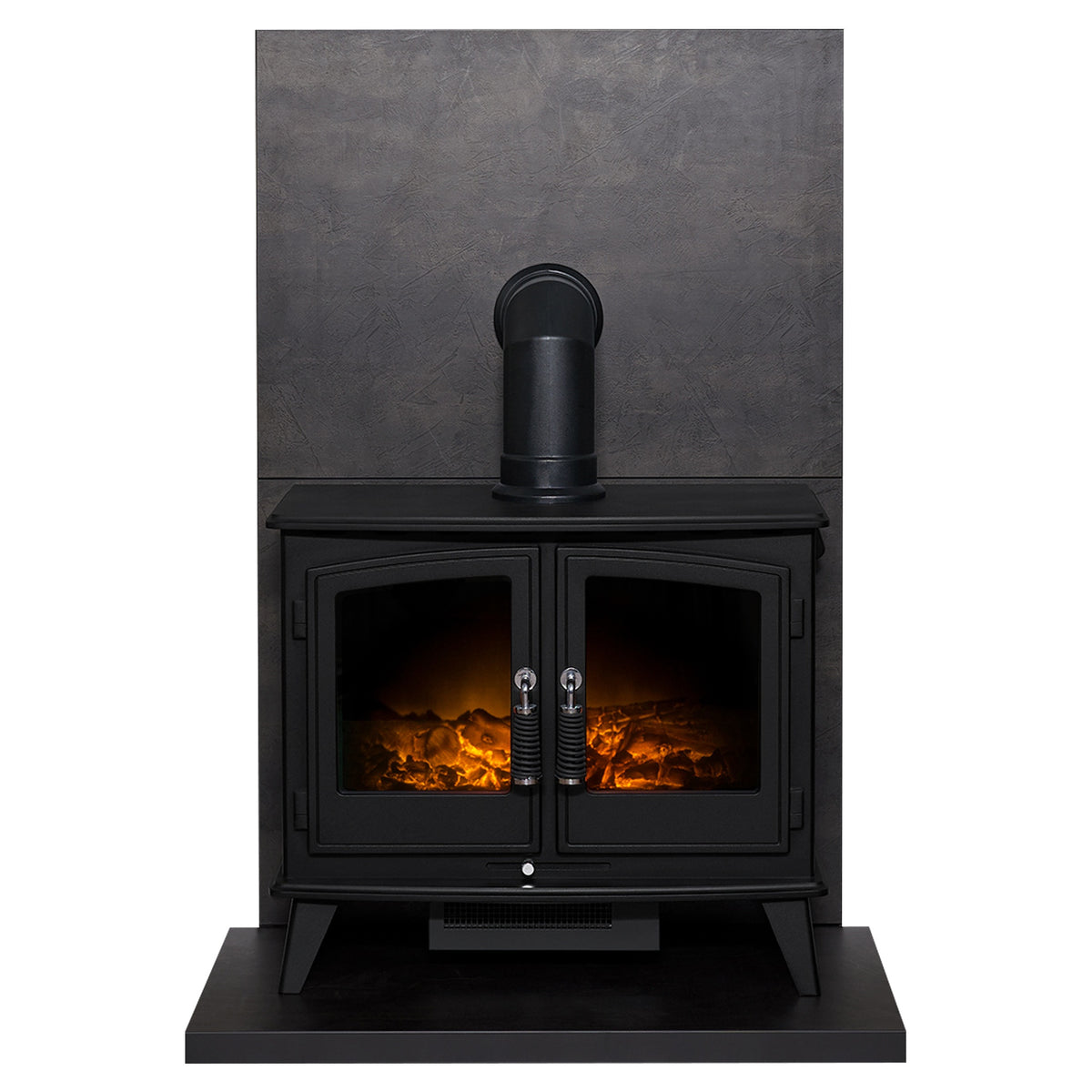 Acantha tile and hearth set in bronze Venetian plaster effect with Adam Woodhouse electric stove and angled pipe