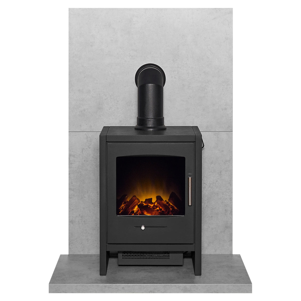 Acantha tile and hearth set in concrete effect with Adam Bergen electric stove and angled pipe