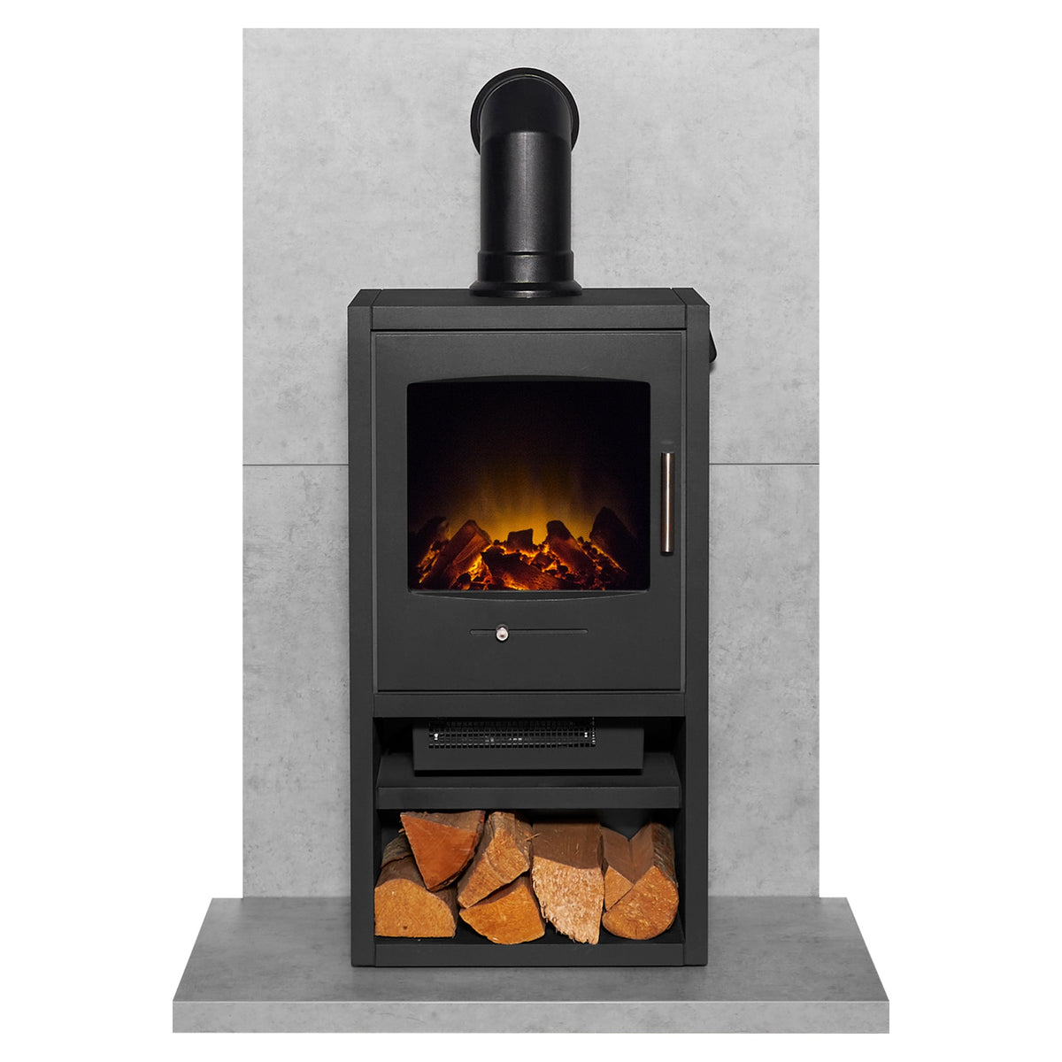 Acantha tile and hearth set in concrete effect with Adam Bergen XL electric stove, log store and angled pipe