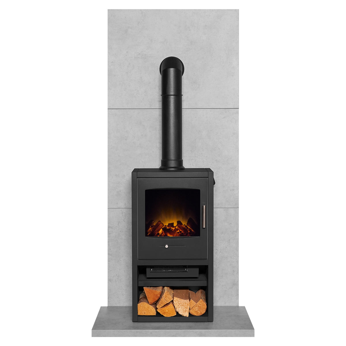 Acantha three tile and hearth set in concrete effect with Adam Bergen XL stove and tall angled pipe